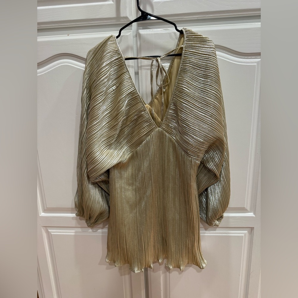 Nasty Gal Metallic Gold Pleated V-Neck dress - Picture 2 of 6